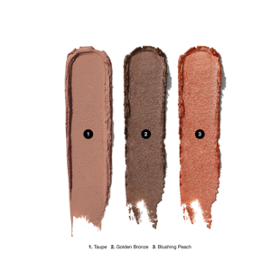 Golden Glow Shadow Stick Set, Blushing Peach - גוון שמפניה אפרסקי בהיר וקורן. Golden Bronze - גוון ברונזה מוזהב עמוק ומתקתק. Taupe - חום אפרפר חמים בטון בינוני., 1.6 גרם + 1.6 גרם + 1.6 גרם